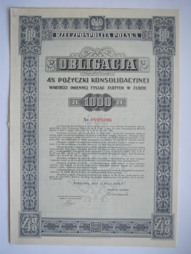 Zdjęcie oferty: OBLIGACJA KONSOLIDACYJNA -1000 ZŁ-  1936r -Okazja