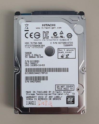 Zdjęcie oferty: Dysk Hitachi 500GB SATA II  2.5" HTS727550A9E364