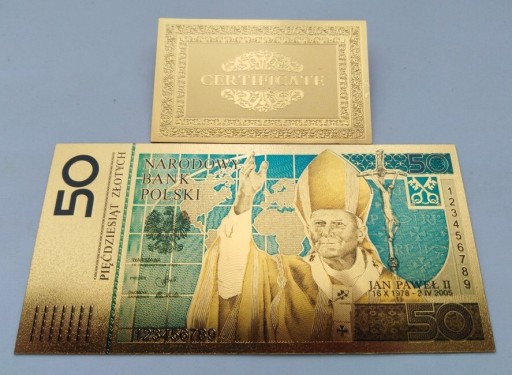 Zdjęcie oferty: Banknot pozłacany 24k  50 zł Jan Paweł II  POLSKA