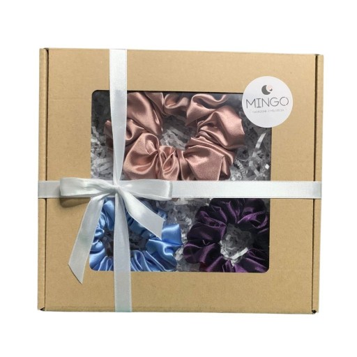 Zdjęcie oferty: Box prezentowy 3 scrunchie błękit, fiolet, róż