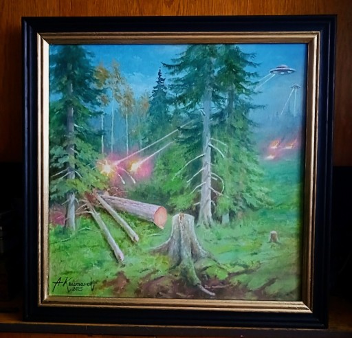 Zdjęcie oferty: "ATAK OBCYCH"-DUŻY OBRAZ OLEJNY NA PŁÓTNIE 58x58 