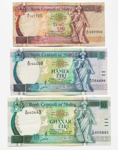 Zdjęcie oferty: Banknoty Malta 2, 5, 10, lira maltańska 3 szt.