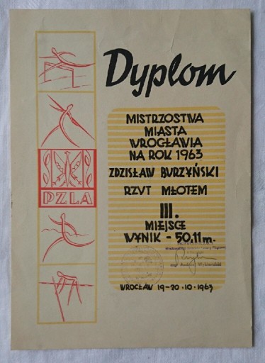 Zdjęcie oferty: Dyplom Mistrzostwa Wrocławia 1963 rzut młotem 