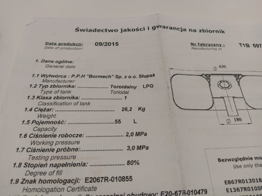 Zdjęcie oferty: Dokument LPG Bormech 55l. ważny do 09.2025rok