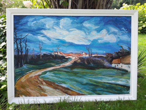 Zdjęcie oferty: Duży obraz olejny"Droga do wsi" białe ramy
