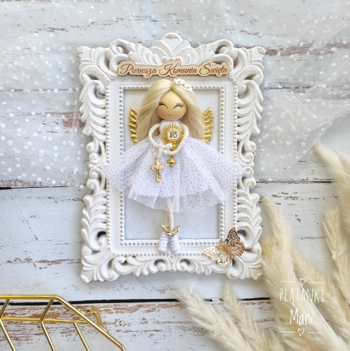 Zdjęcie oferty: Pamiątka Komunii chrztu aniołek anioł makrama 