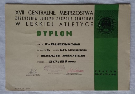 Zdjęcie oferty: Dyplom Mistrzostwa LZS Kraków 1967 rzut młotem 