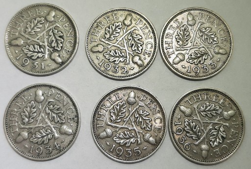 Zdjęcie oferty: Wielka Brytania 3 pensy, 1931-1936, 6 szt - srebro