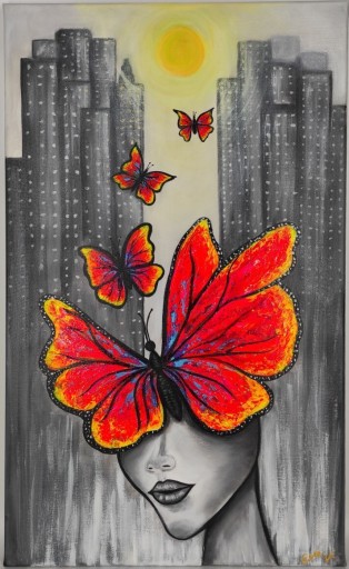 Zdjęcie oferty: Obraz na płótnie  akryl  abstrakcja motyle miasto