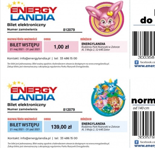 Zdjęcie oferty: E-Bilet normalny Energylandia + dziecko do lat 3 