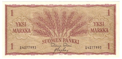 Zdjęcie oferty: Finlandia, banknot 1 marka 1963 - st. -2/+3