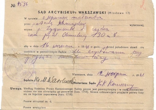 Zdjęcie oferty: Wezwanie - Sąd Arcybiskupi Warszawski z 1941 roku