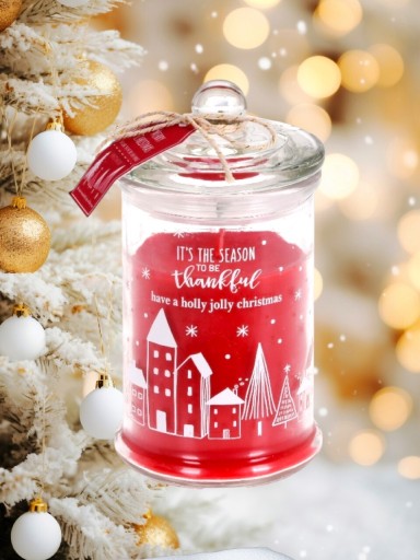 Zdjęcie oferty: Empik świeca w szkle czerwona świąteczna domki napis Nowa