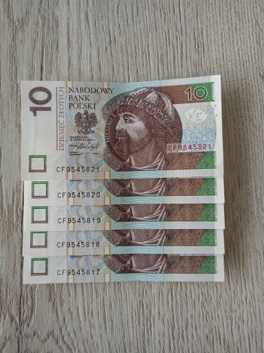 Zdjęcie oferty: Banknoty 10 zł - 5 numerów seryjnych pod rząd