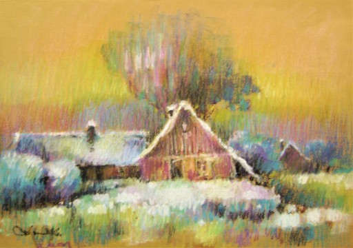 Zdjęcie oferty: MIKOŁAJ KONCZALSKI 33x48cm PEJZAŻ wieś chaty ZIMA