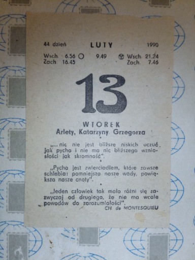 Zdjęcie oferty: Kartka z kalendarza 13 luty 1990