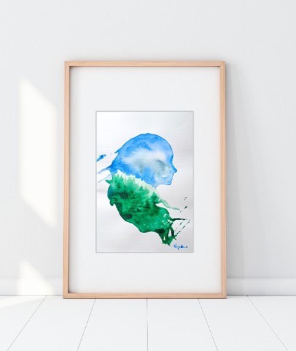 Zdjęcie oferty: Akwarela A4 "Wdech", dziewczyna, góry, niebieski, zielony, malowana ręcznie