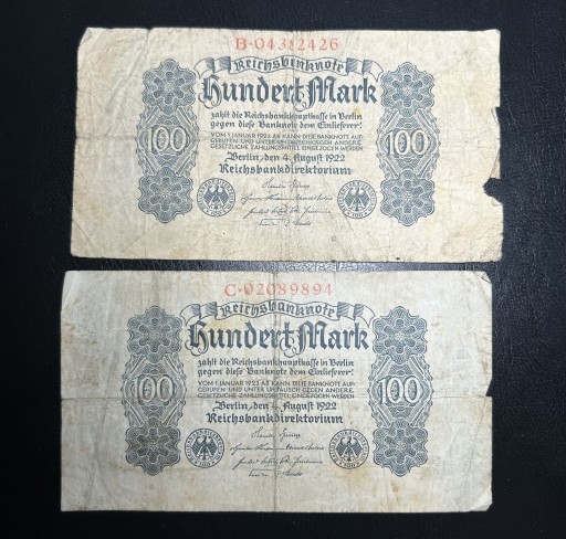 Zdjęcie oferty: 2 banknoty 100 marek niemieckich 1922