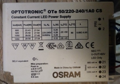 Zdjęcie oferty: Zasilacz LED Cob 60V OSRAM OTe 50/220 Przetwornica