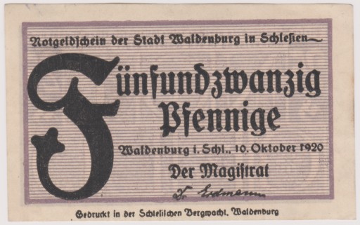 Zdjęcie oferty: Waldenburg (Wałbrzych), 25 Pf, 10.10.1920 (f)