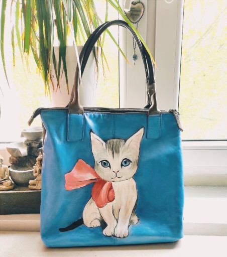 Zdjęcie oferty:  skórzana torebka na ramię kot ręcznie malowana