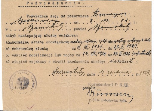 Zdjęcie oferty: Poświadczenie o przebiegu służby wojskowej z 1929