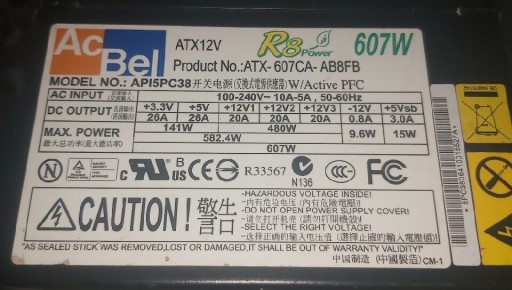 Zdjęcie oferty: Zasilacz AcBel API5PC38 ATX-607CA-AB8FB 607W