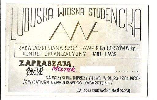 Zdjęcie oferty: Zaproszenie AWF Gorzów Wlk 1980