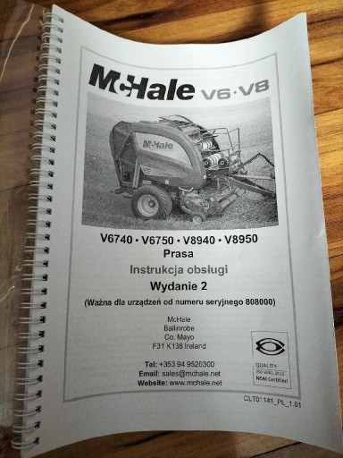 Zdjęcie oferty: Mchale V6 V8 instrukcja obsługi katalog części V8