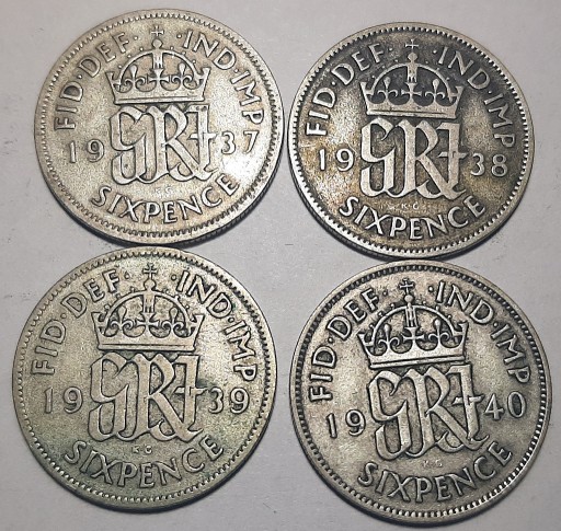 Zdjęcie oferty: Wielka Brytania 6 pensów 1937-1940 - 4 szt, srebro