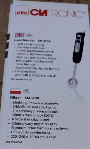 Zdjęcie oferty: Blender Clatronic SM3739 StabMixer, mixer mikser.