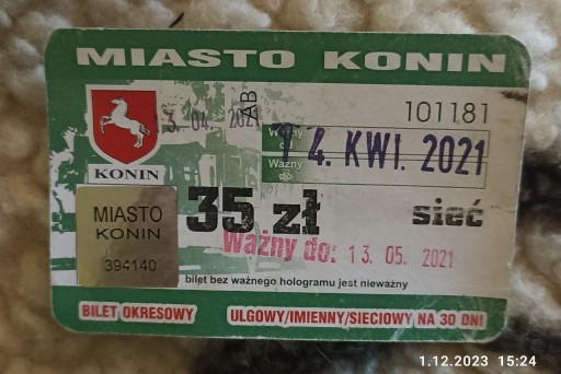 Zdjęcie oferty: BILET MIESIECZNY MZK KONIN-NAJTANIEJ TUTAJ !!