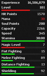Zdjęcie oferty: TIBIA VALDORA WYPRZEDAŻ ELITE KNIGHT 101 LVL  89sword/92shield/7mlvl