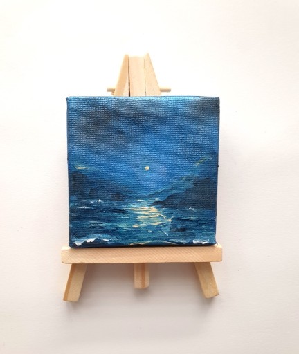 Zdjęcie oferty: Mini obraz morze pejzaż noc ręcznie malowany 