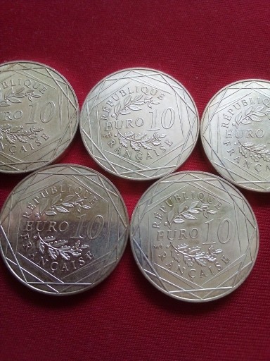 Zdjęcie oferty: Lot 5 x 10 € euro,   Francja,  kogut,  srebro, Ag.