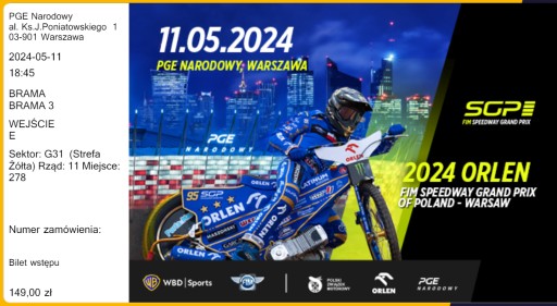 Zdjęcie oferty: BILETY: Speedway Grand Prix of Poland - Warsaw