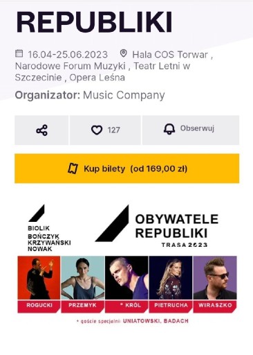 Zdjęcie oferty: Bilety na koncert Obywatele Republiki 2szt