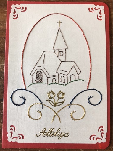 Zdjęcie oferty: Kartka ręcznie haftowana świąteczna kościółek 