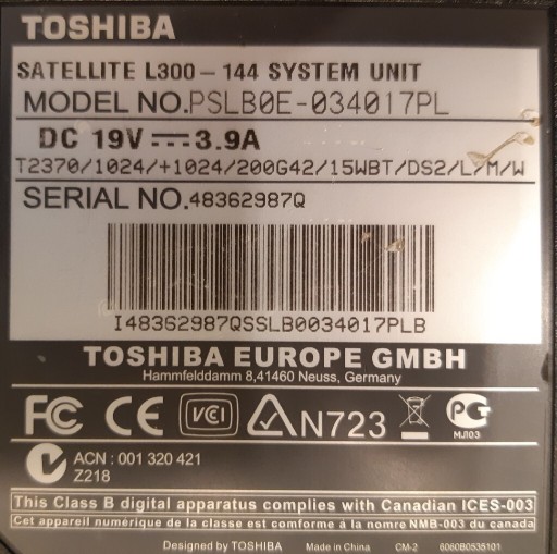 Zdjęcie oferty: Laptop TOSHIBA SATELLITE L300 SPRAWNY 