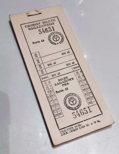 Zdjęcie oferty: Bilet PKS bagażowy - bloczek 50 szt. 1989 r.