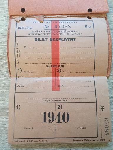 Zdjęcie oferty: Książeczka biletowa PKP 1940 rok 3 klasa