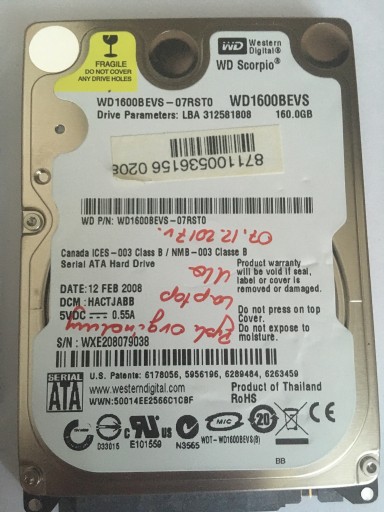 Zdjęcie oferty: Dysk HDD WD1600BEVS