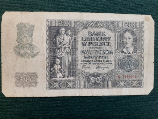 Zdjęcie oferty: Banknot 20 zł z 1940 r seria K, obiegowy