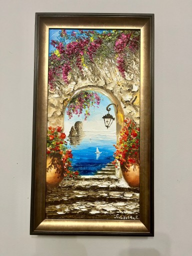 Zdjęcie oferty: Kwitnące kwiaty i żaglówka – obraz akrylowy pełen ekspresji