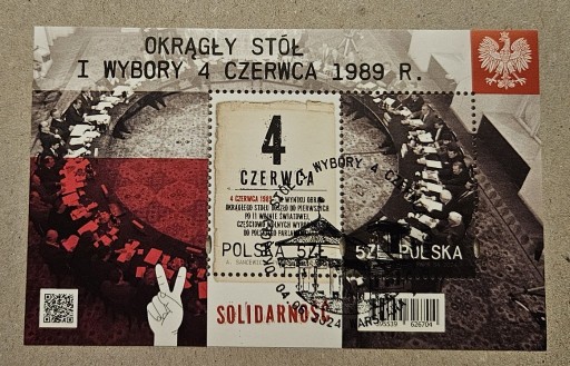 Zdjęcie oferty: Okrągły Stół i wybory 4.06.1989 r. Fi: 5395 Blok 384 [ ] kasownik FDC. 