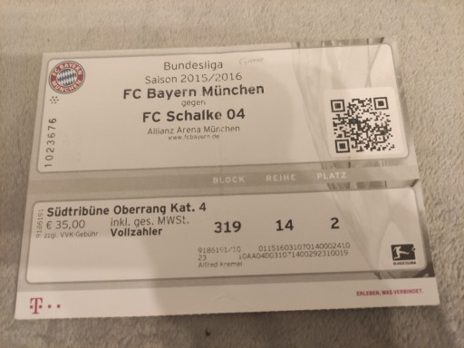 Zdjęcie oferty: Bilet Bayern Monachium- FC Schalke 2015/16