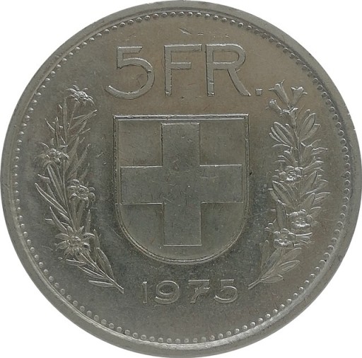 Zdjęcie oferty: Szwajcaria 5 francs 1975, KM#40a.1