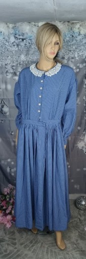 Zdjęcie oferty: Sukienka długa retro vintage niebieska – guziki, krata, rozmiar L–XL