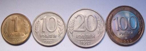 Zdjęcie oferty: ROSJA komplet 1,10,20,100 rubli z 1992 r. TANIO!