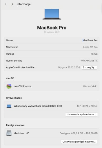 Zdjęcie oferty: MacBook Pro 14” 2021 M1 16 GB/500 GB